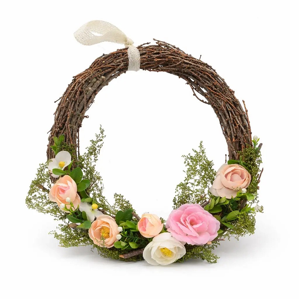 Couronne de porte de Pâques 34 × 31 × 8 cm, osier et fleurs, extérieur
