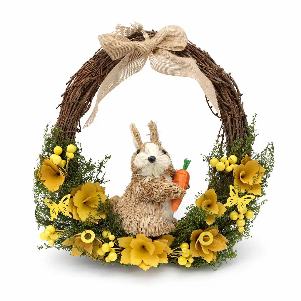 Couronne de porte de Pâques 33 × 31 × 10 cm, osier, fleurs jaunes et lièvre avec carottes, extérieur