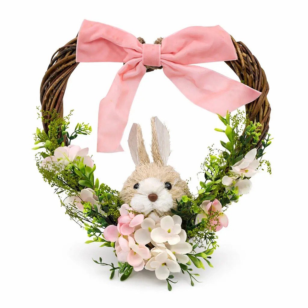 Couronne de Pâques en osier en forme de cœur, 28 × 28 × 8 cm, osier, fleurs et lapin, extérieur