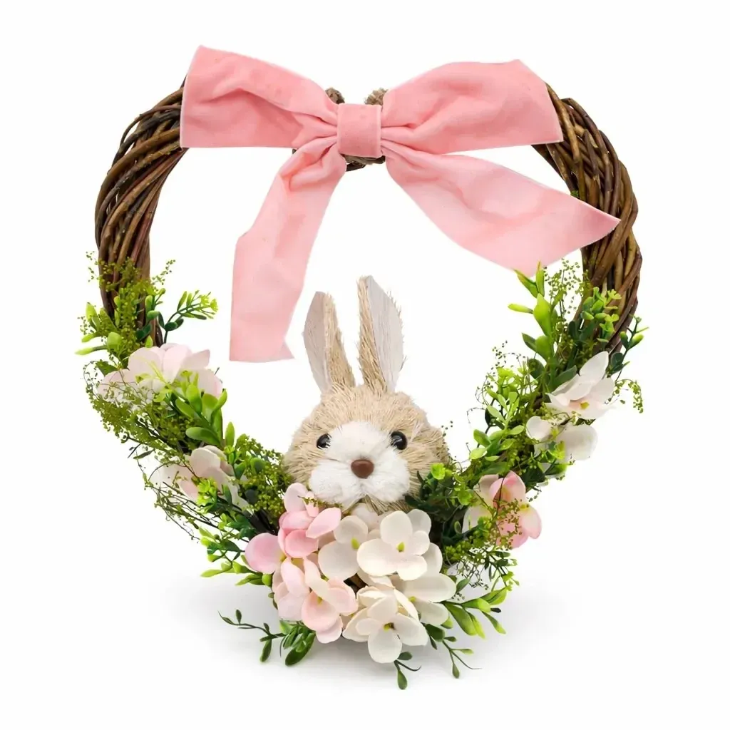 Couronne de Pâques en osier en forme de cœur, 28 × 28 × 8 cm, osier, fleurs et lapin, extérieur