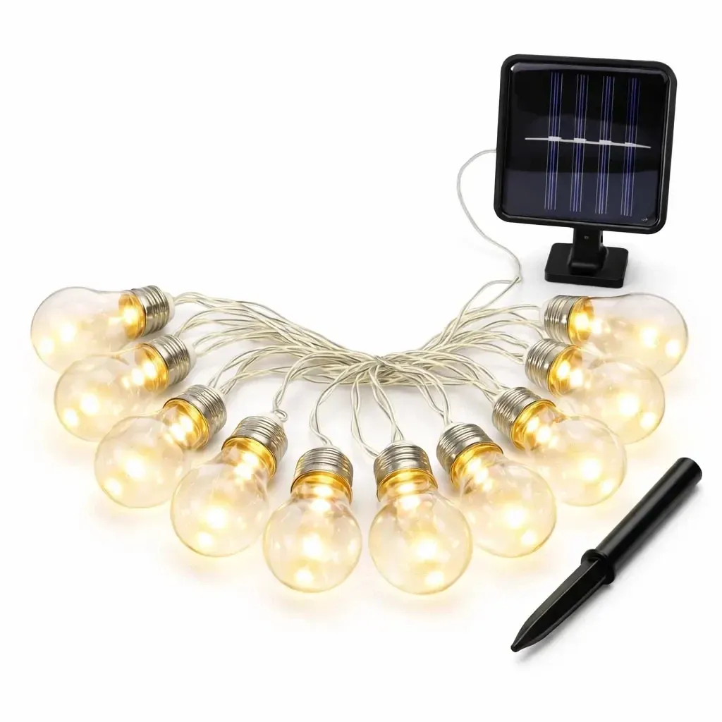 Guirlande lumineuse LED solaire pour fêtes, 5 m, d'extérieur, blanc chaud, 10 LED, ampoules transparentes, câble transparent, IP44