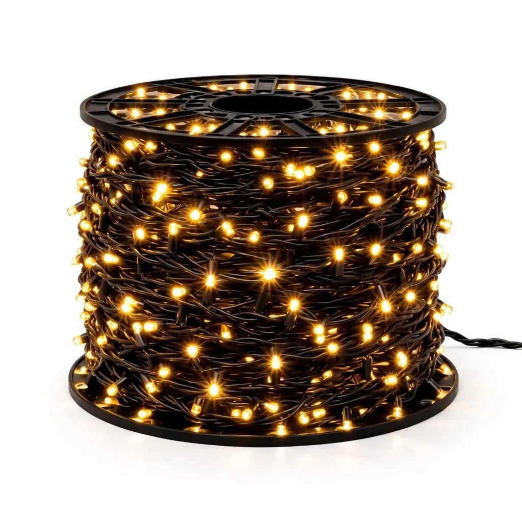 Guirlande lumineuse LED Easy Fix, 100 m, pour l'extérieur, blanc chaud avec mode FLASH, 600 LED, câble noir, IP67, bobine