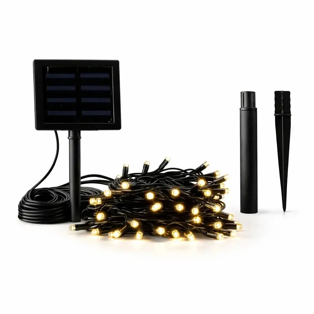 Guirlande lumineuse LED solaire d'extérieur pour le jardin, 5 m, blanc chaud, 50 LED, câble noir, IP44, panneau solaire
