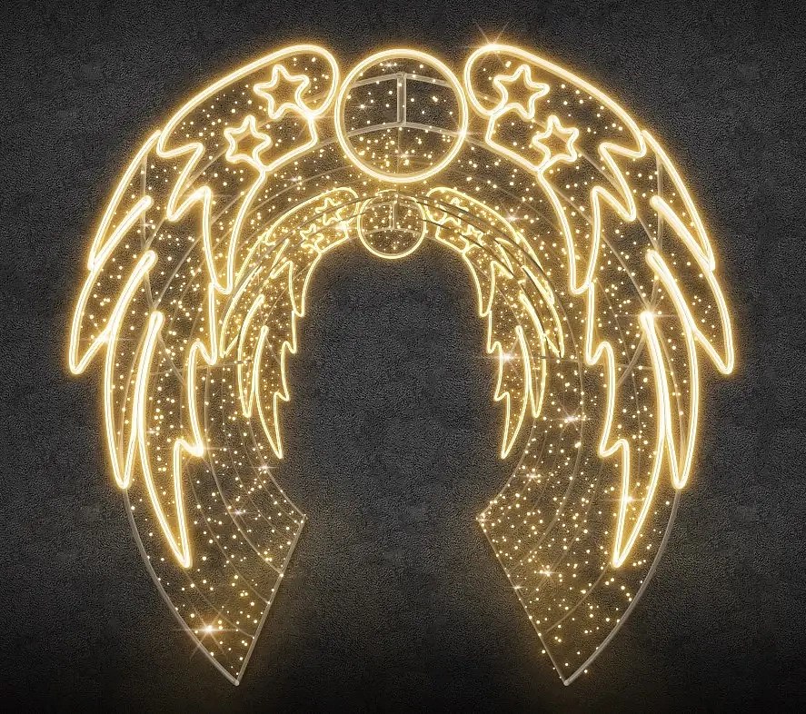 Tunnel lumineux LED 3D ailes d'ange, 315 × 280 × 400 cm, blanc chaud avec effet Flash, 230 V, composé de 10 pièces
