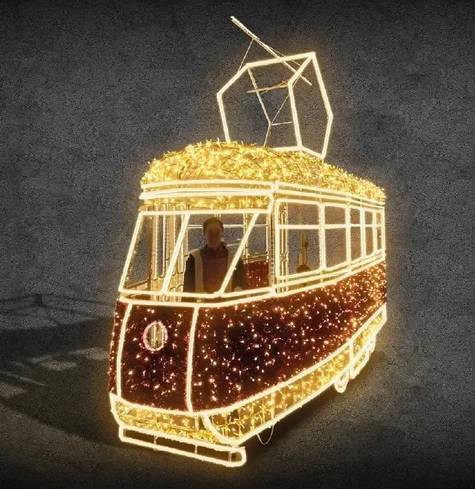 Tramway lumineux 3D à LED, 400 × 360 × 150 cm, blanc chaud, sur pied, aluminium