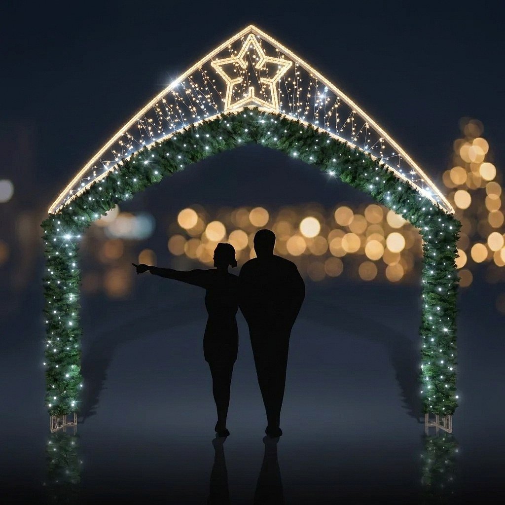 Easy Fix Portail lumineux 2D LED avec 1 étoile d'anis, debout, 350 × 360 cm, blanc glacier, aluminium