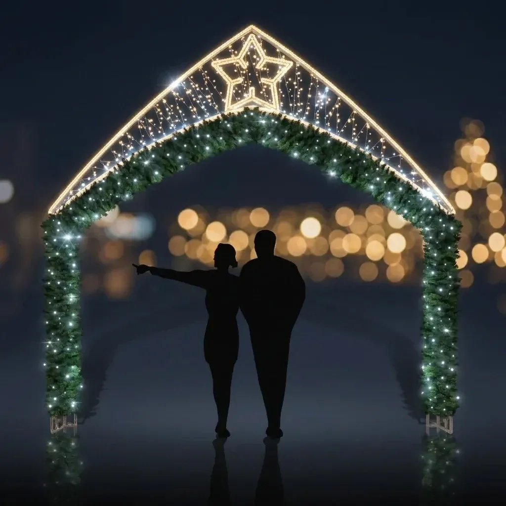 Easy Fix Portail lumineux 2D LED avec 1 étoile d'anis, debout, 350 × 360 cm, blanc glacier, aluminium
