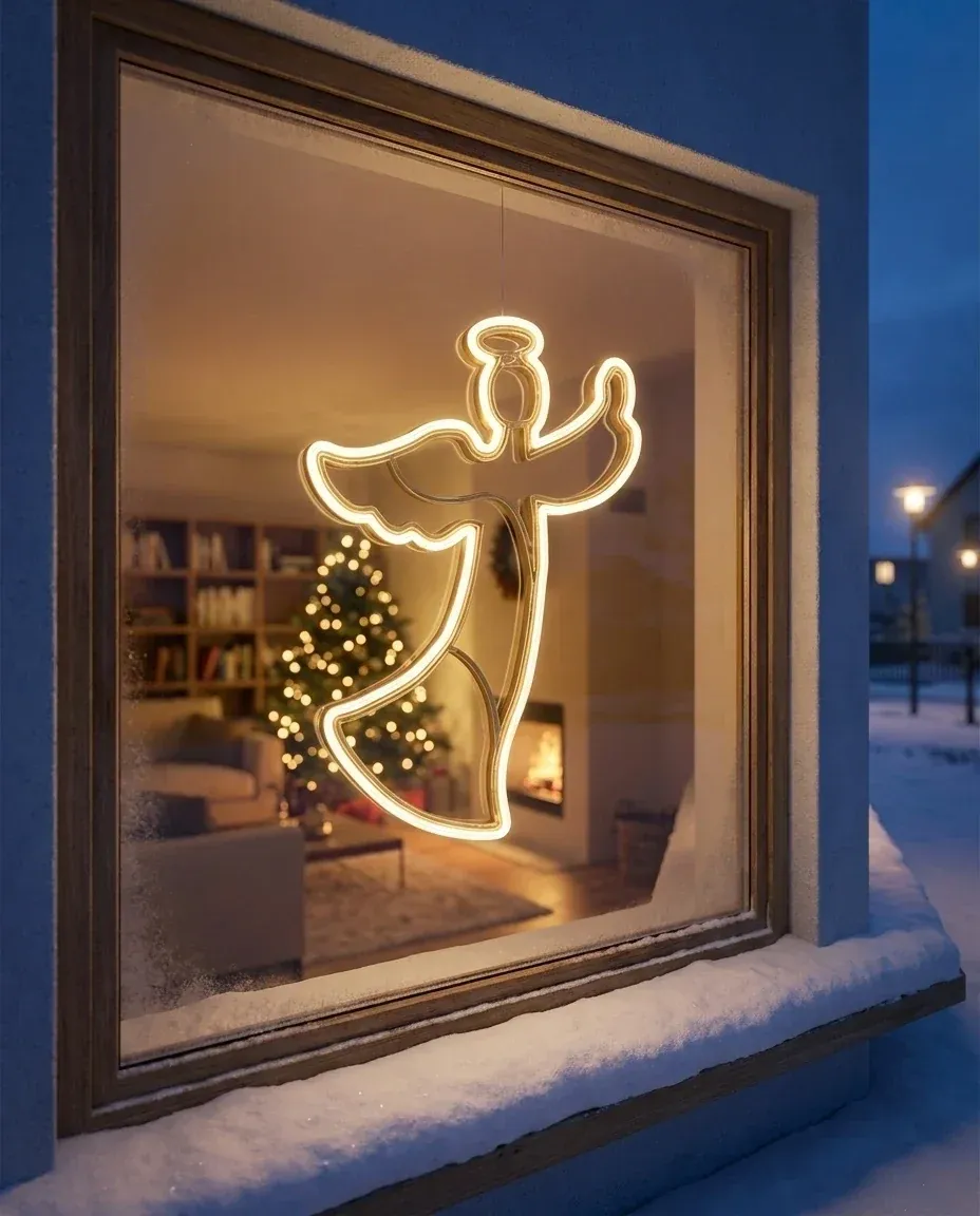 Ange LED doré suspendu dans la fenêtre d'une maison, visualisation à titre d'illustration