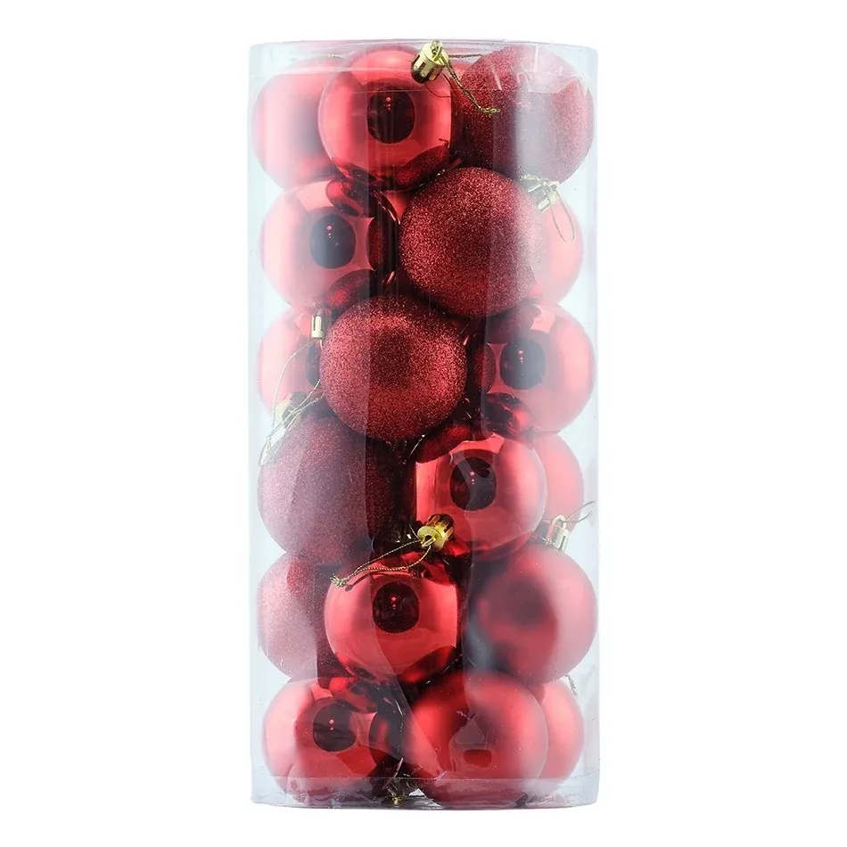 Lot de 24 boules en plastique, diamètre 6 cm, rouges, 8 brillantes, 8 mates, 8 pailletées, paquet de 24 pièces