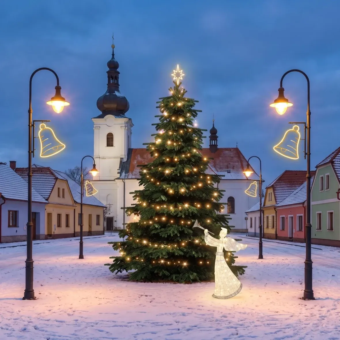 Kit de Noël pour les communes : cloche, sapin de 3 à 5 m, 7 clochettes pour l'éclairage public, ange LED en 3D de 122 cm, blanc chaud