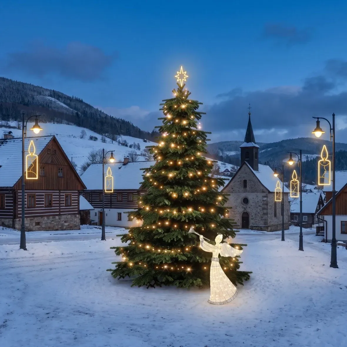 Kit de Noël pour les communes : une bougie, un sapin de 3 à 5 m, 7 bougies pour l'éclairage public, un ange LED en 3D de 122 cm, blanc chaud