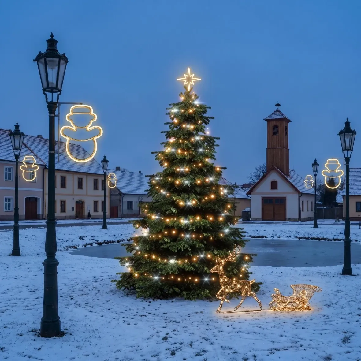 Kit de Noël pour les communes : bonhomme de neige, sapin « Flash » de 3 à 5 m, 6 bonhommes de neige pour l'éclairage public, cerfs 3D à LED avec traîneau de 180 cm, blanc chaud