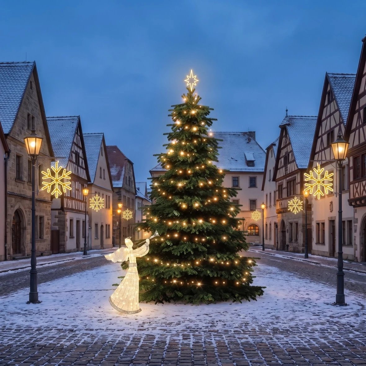 Kit de Noël pour les communes « Flocon VI » : sapin de 3 à 5 m, 8 flocons « VI » pour l'éclairage public, ange LED 3D de 122 cm, blanc chaud