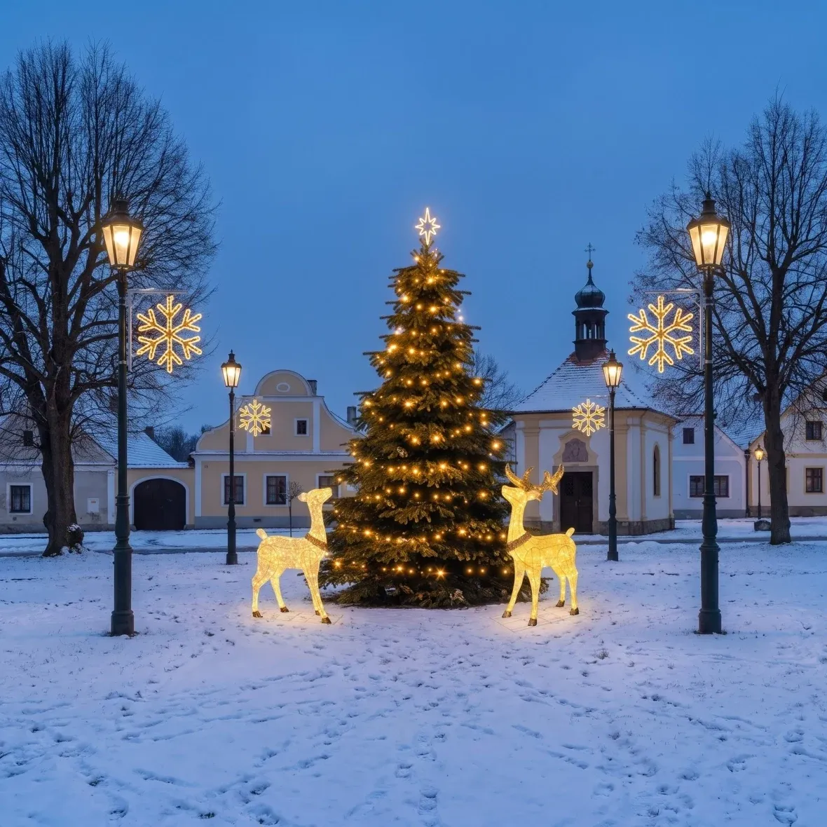 Kit de Noël pour les communes « Flocon VI » avec un cerf et une biche, sapin de 3 à 5 m, 4 flocons VI pour l'éclairage public, cerf et biche 3D à LED de 150 cm, blanc chaud