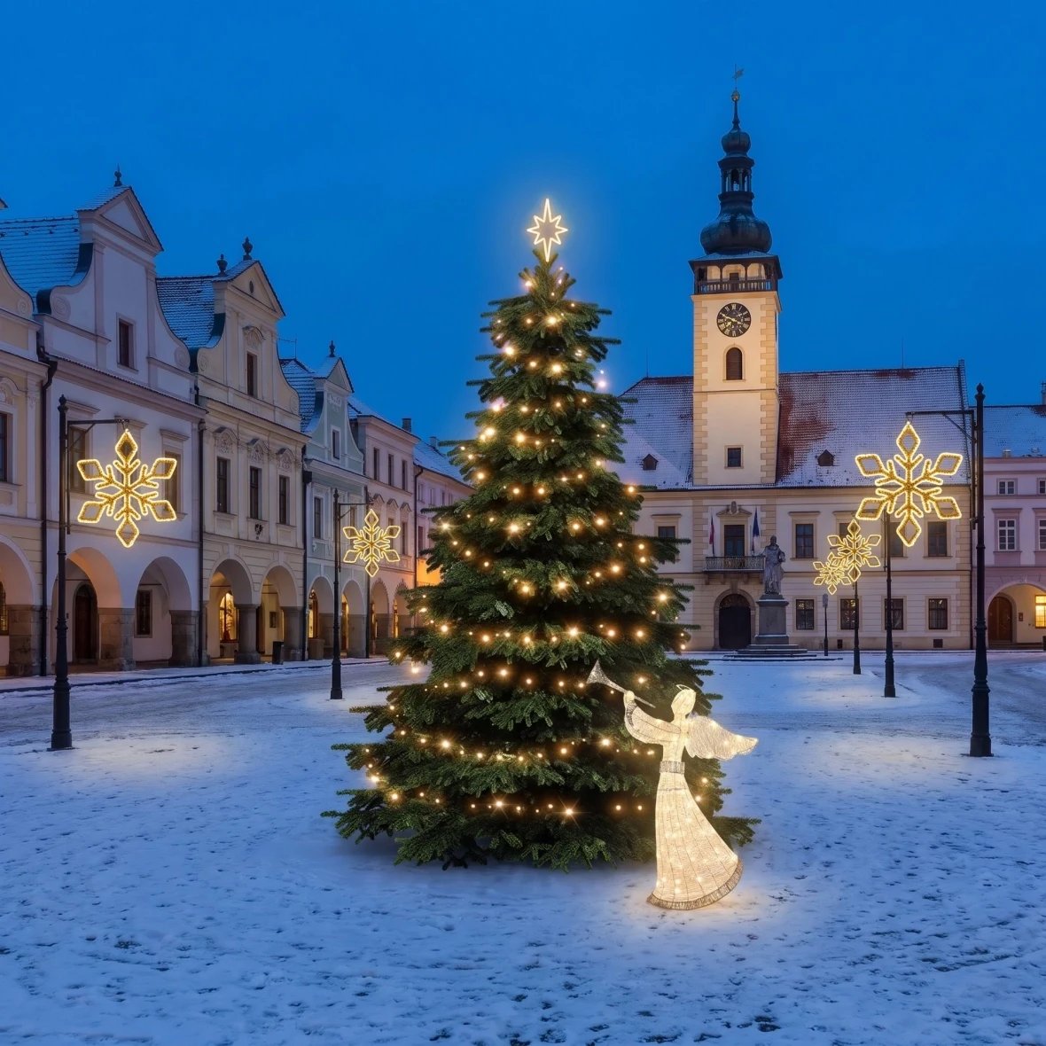 Kit de Noël pour les communes « Flocon IX » : sapin de 3 à 5 m, 6 « flocons IX » pour l'éclairage public, ange LED 3D de 122 cm, blanc chaud