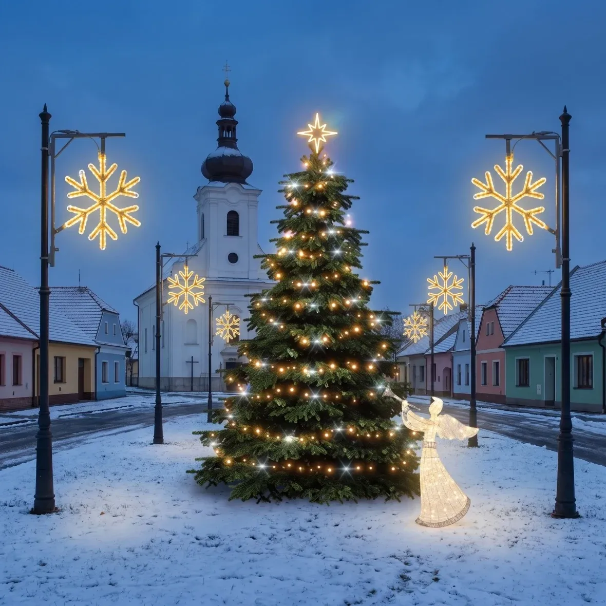 Kit de Noël pour les communes : flocon Flash, sapin Flash de 3 à 5 m, 6 flocons VIII Flash pour l'éclairage public, ange LED 3D de 122 cm, blanc chaud