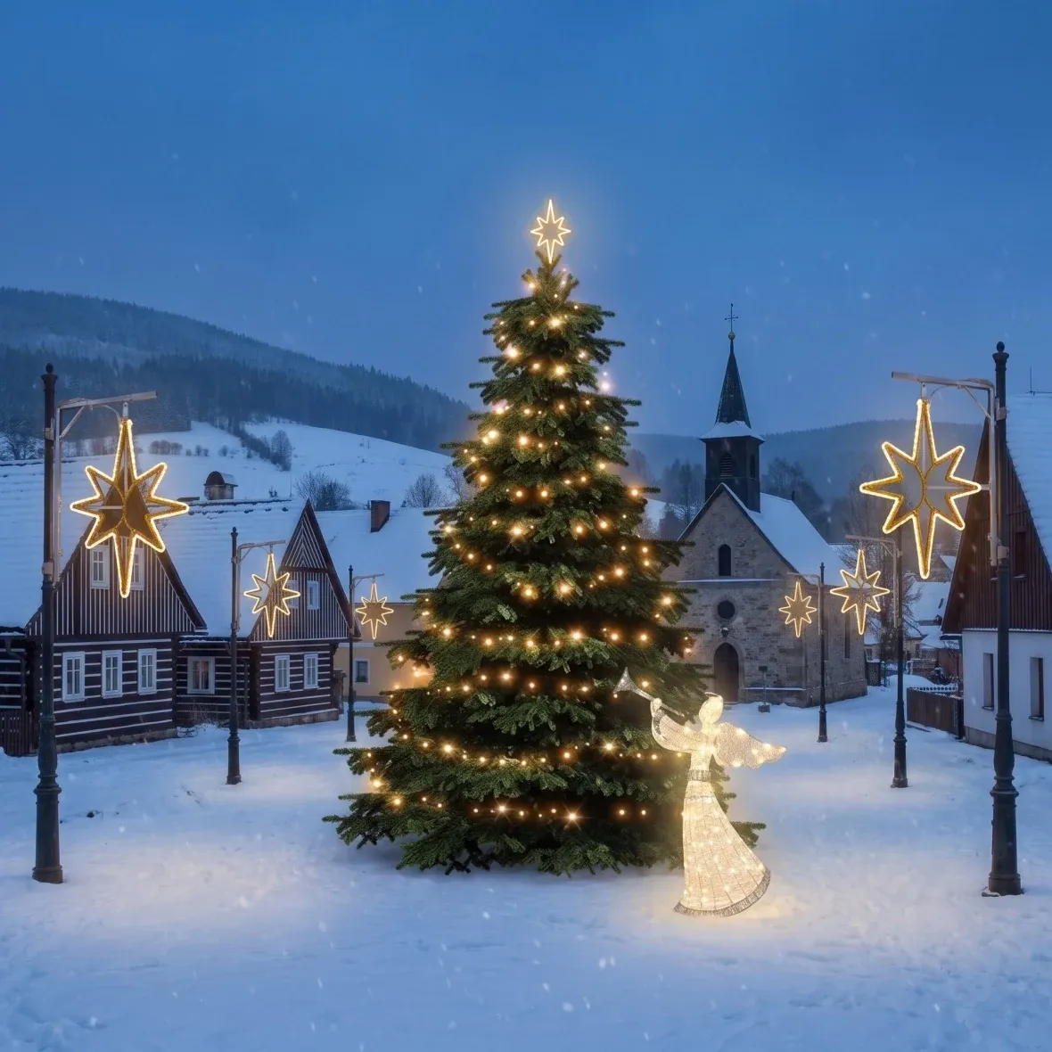 Kit de Noël pour les communes : étoile, sapin de 3 à 5 m, 9 étoiles pour l'éclairage public, ange LED en 3D de 122 cm, blanc chaud