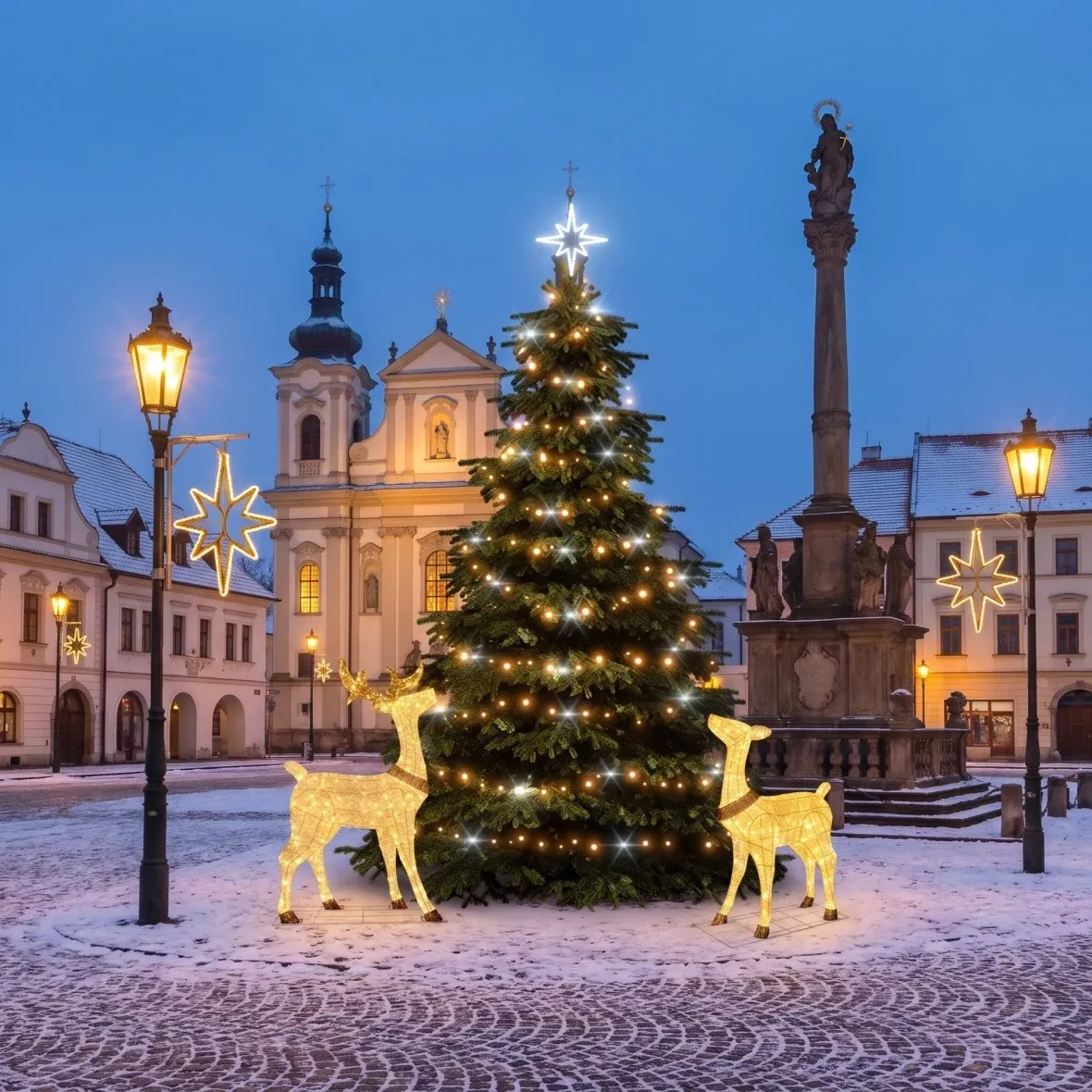 Kit de Noël pour les communes : étoile avec un cerf et une biche, sapin de 3 à 5 m « Flash », 4 étoiles pour l'éclairage public, cerf et biche 3D à LED de 150 cm, blanc chaud