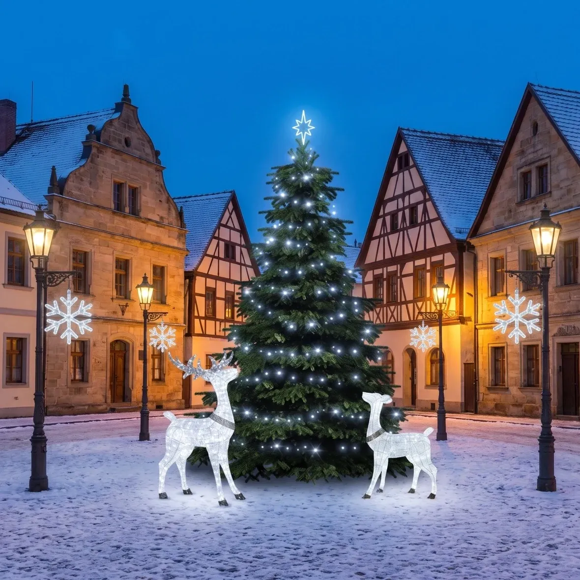 Kit de Noël pour les communes « Flocon de glace en V » avec cerf et biche, sapin de 3 à 5 m, 4 flocons « V » pour l'éclairage public, cerf et biche LED en 3D de 150 cm, blanc glacé
