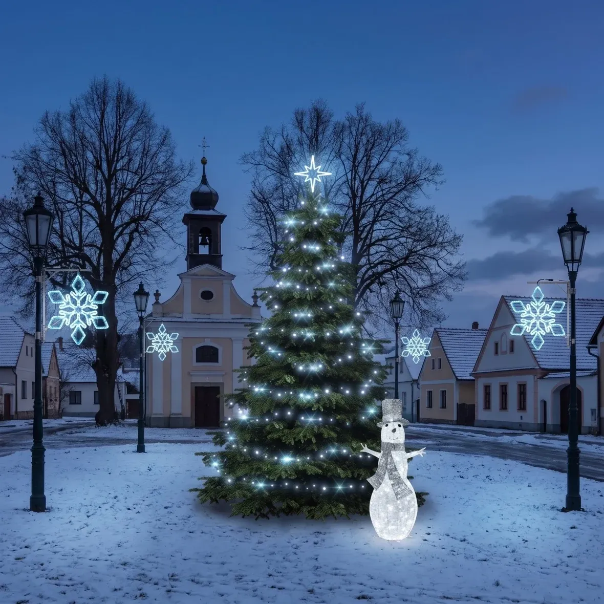 Kit de Noël pour les communes « Flocon de glace IX », sapin de 3 à 5 m « Flash », 6 flocons « IX » pour l'éclairage public, bonhomme de neige LED 3D de 107 cm, blanc glacé