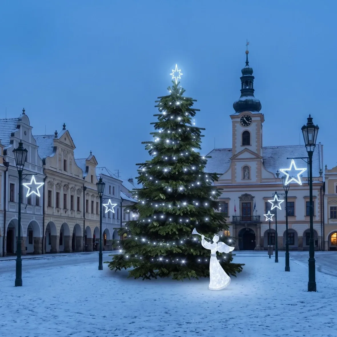 Kit de Noël pour les communes : étoile de glace, sapin de 3 à 5 m, 7 étoiles pour l'éclairage public, ange LED 3D de 122 cm, blanc glacé