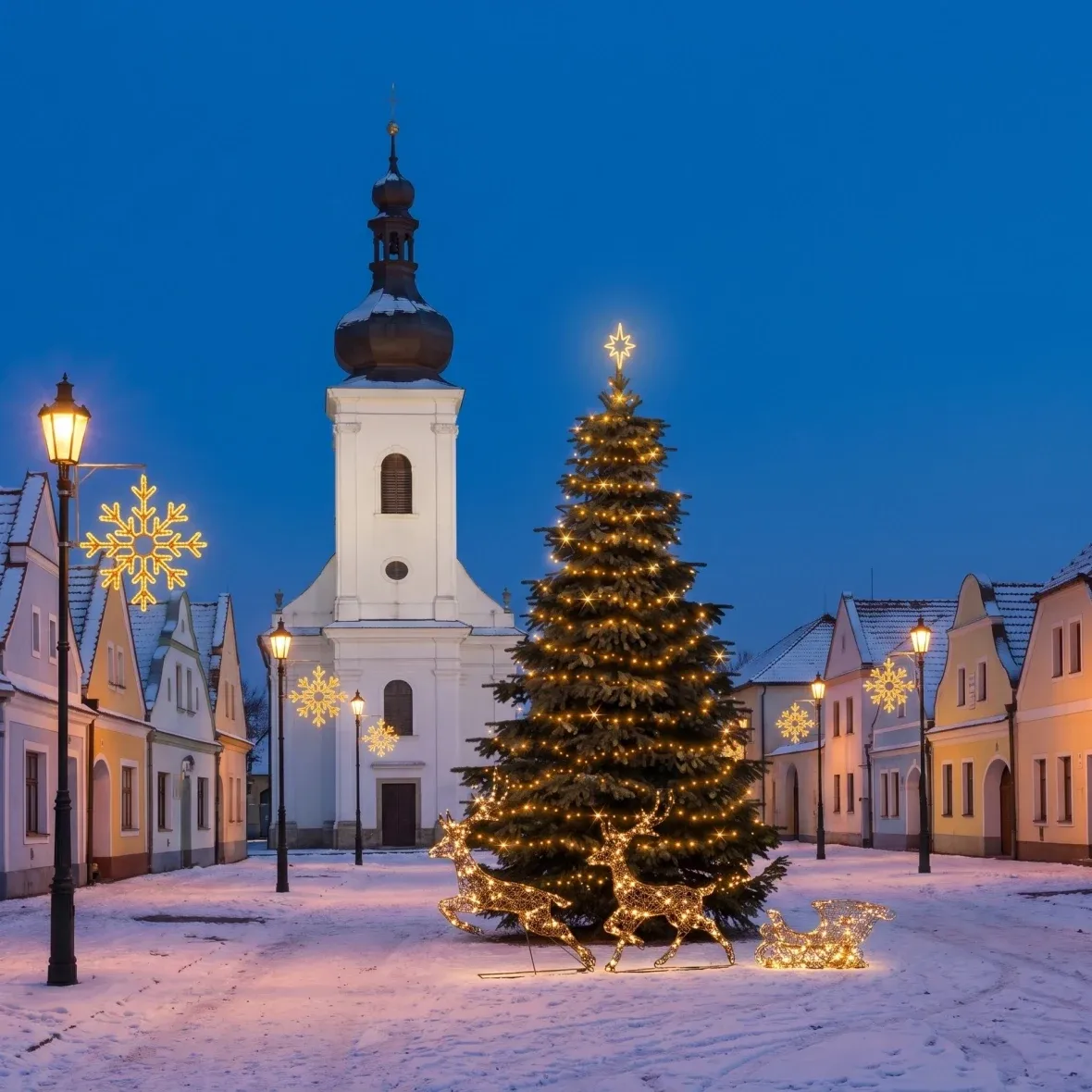 Kit de Noël pour les communes : grand flocon X, sapin de 6 à 8 m, 8 flocons X pour l'éclairage public, cerfs 3D à LED avec traîneau de 180 cm, blanc chaud