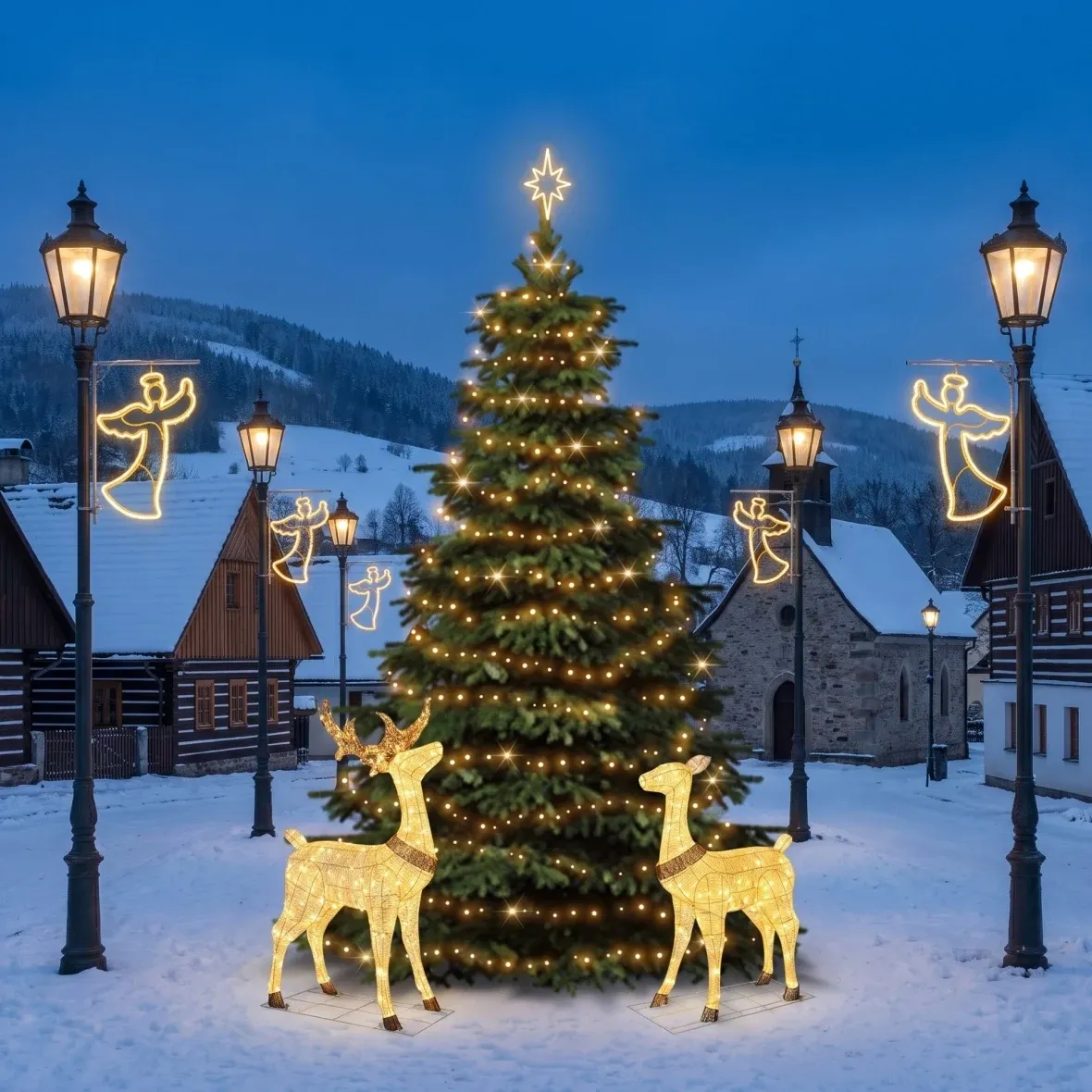 Kit de Noël pour les communes : ange de 8 m, sapin de 6 à 8 m, 7 anges pour l'éclairage public, cerf et biche 3D à LED de 150 cm, blanc chaud