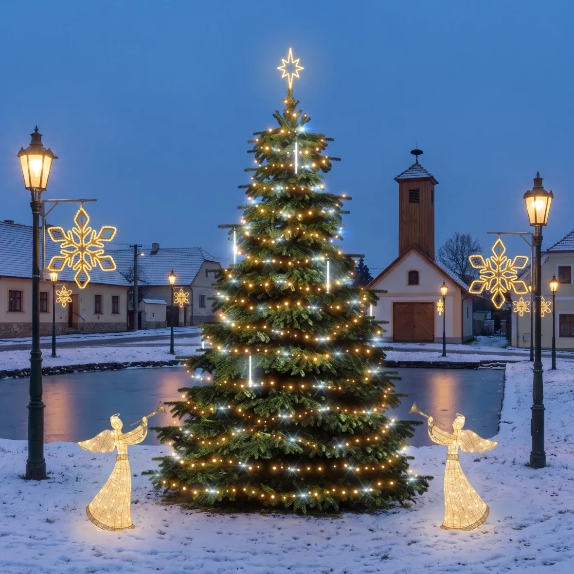 Kit de Noël pour les communes « Neige tombante », sapin de 6 à 8 m « Flash » avec effet de neige tombante, 6 flocons IX pour l'éclairage public, 2 anges LED 3D de 122 cm, blanc chaud