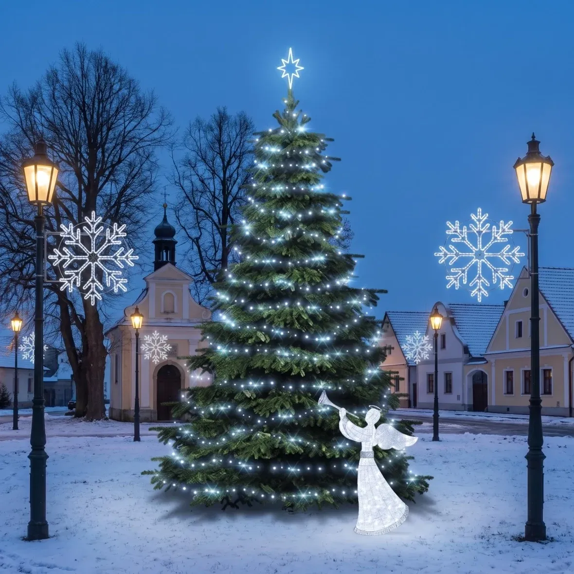 Kit de Noël pour les communes « Flocon de glace II », sapin de 6 à 8 m « Flash », 7 flocons « II » pour l'éclairage public, ange LED 3D de 122 cm, blanc glacé
