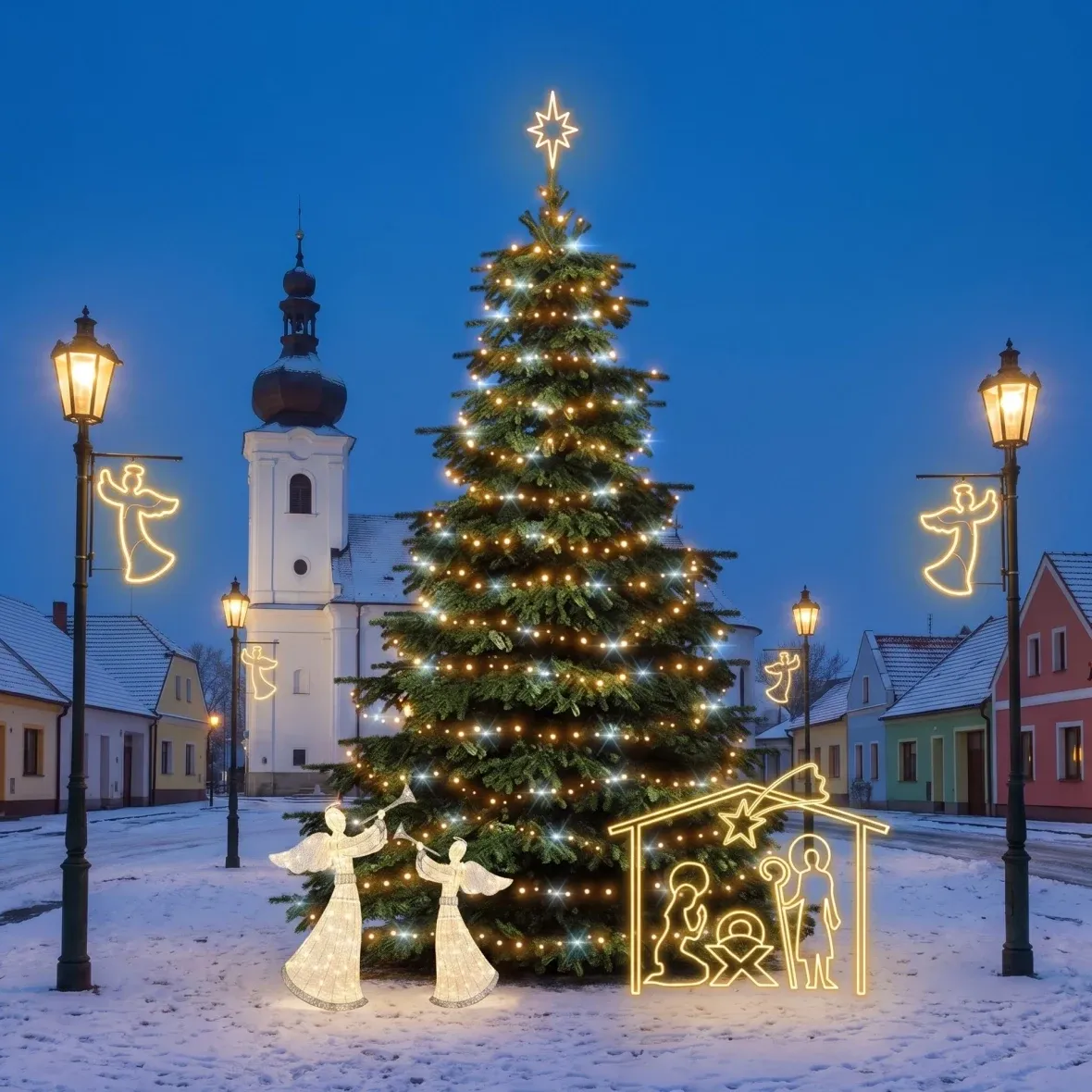 Kit de Noël pour les communes : anges et crèche, sapin de 6 à 8 m « Flash », 8 anges pour l'éclairage public, 2 anges LED 3D de 122 cm, crèche de 162 × 172 cm, blanc chaud