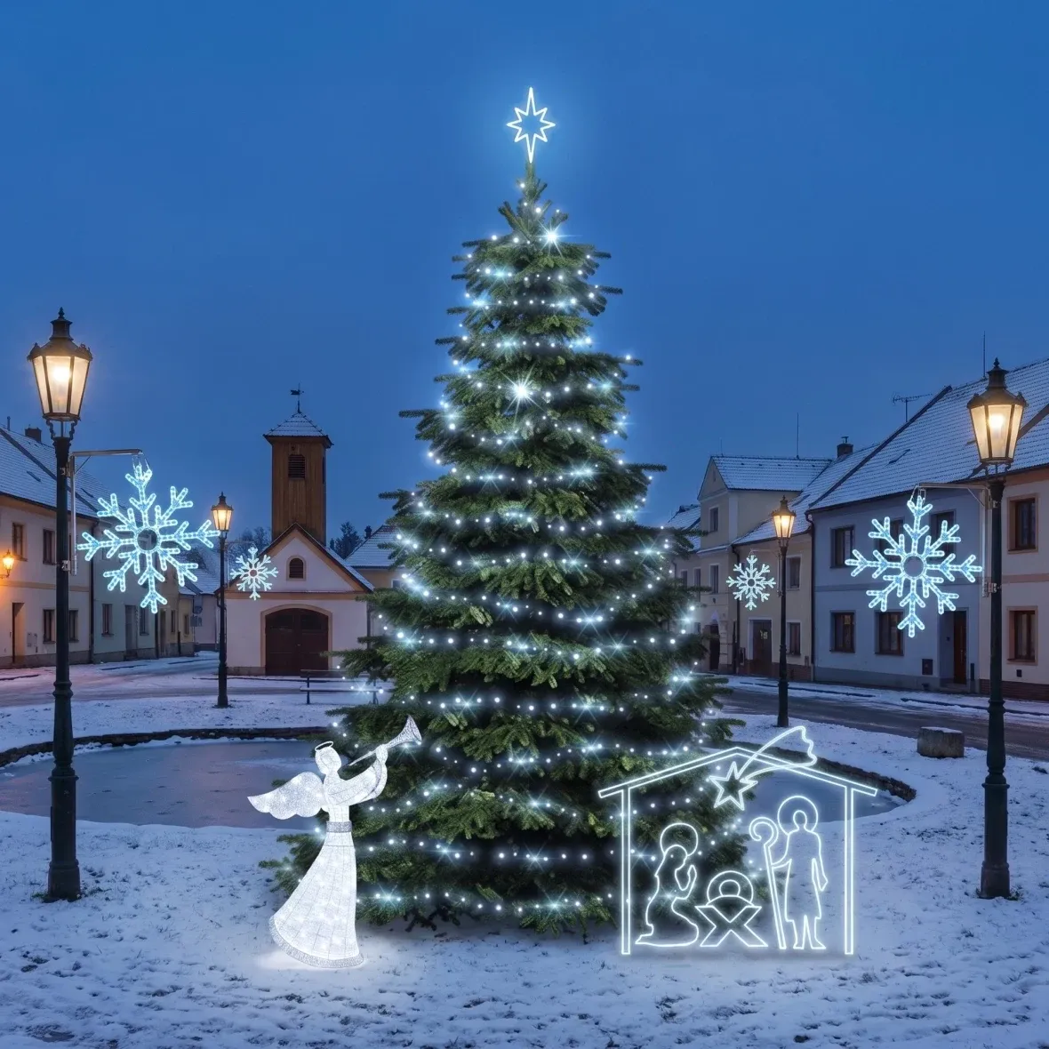 Kit de Noël pour les communes : flocon de glace X et crèche, sapin de 6 à 8 m « Flash », ange LED 3D de 122 cm, crèche de 162 × 172 cm, blanc glacé