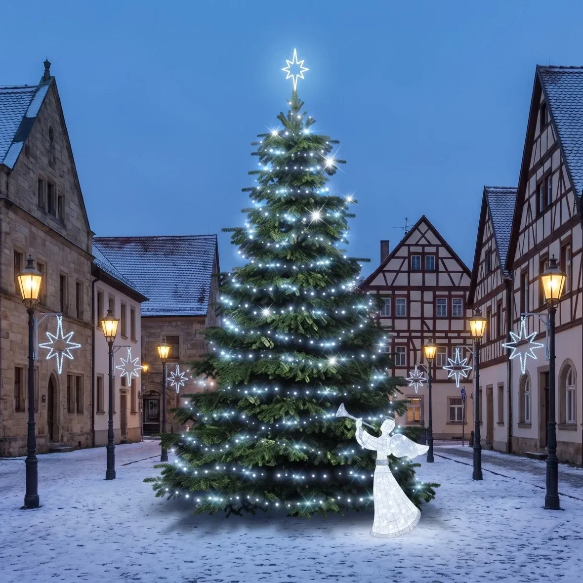 Kit de Noël pour les communes : grande étoile de glace, sapin « Flash » de 6 à 8 m, 12 étoiles pour l'éclairage public, ange LED 3D de 122 cm, blanc glacé