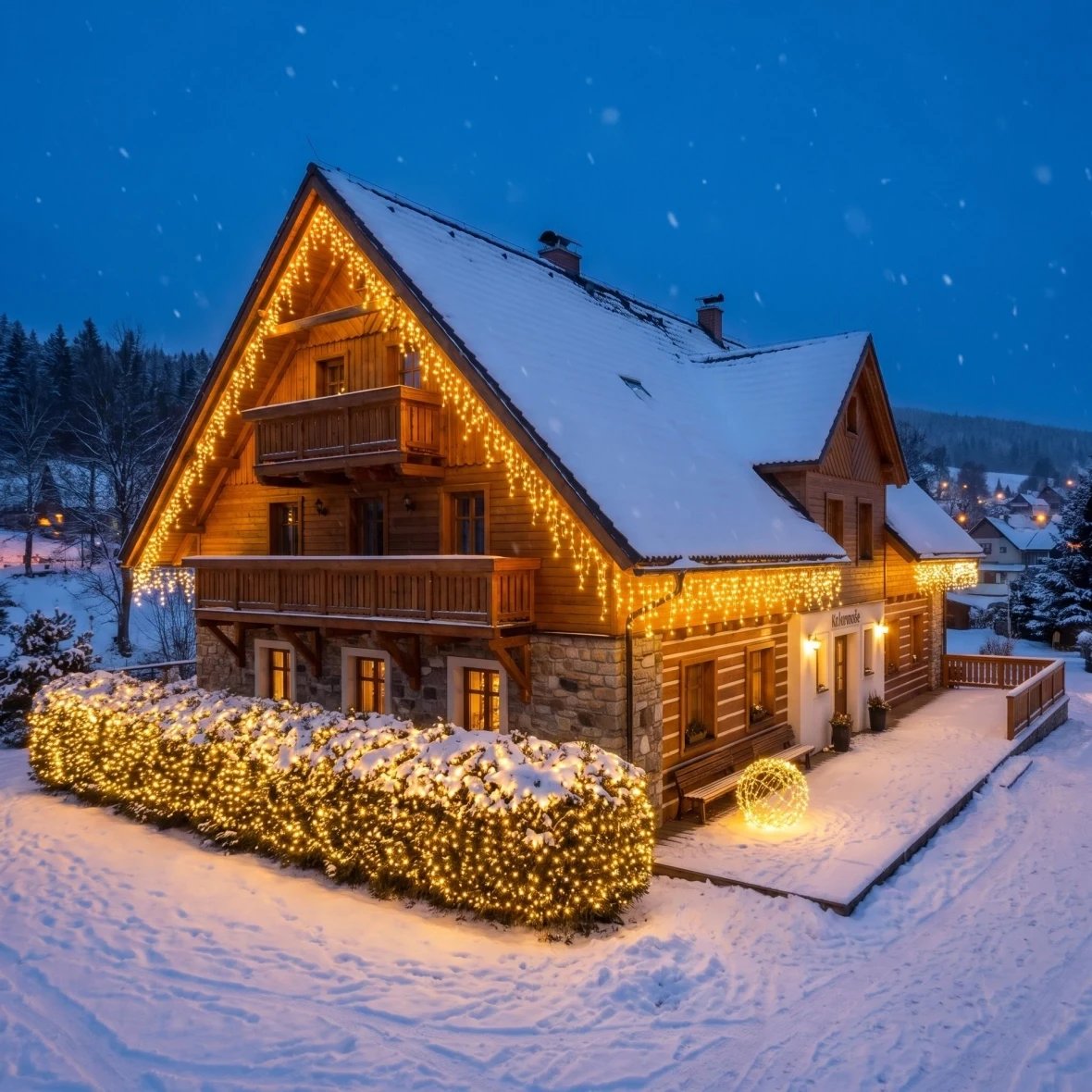 Kit de Noël pour hôtels « Façade scintillante », 8 guirlandes « Flash » de 3 m, 1 guirlande « Flash » de 20 m, boule LED 3D de Ø 60 cm, blanc chaud avec effet « Flash »