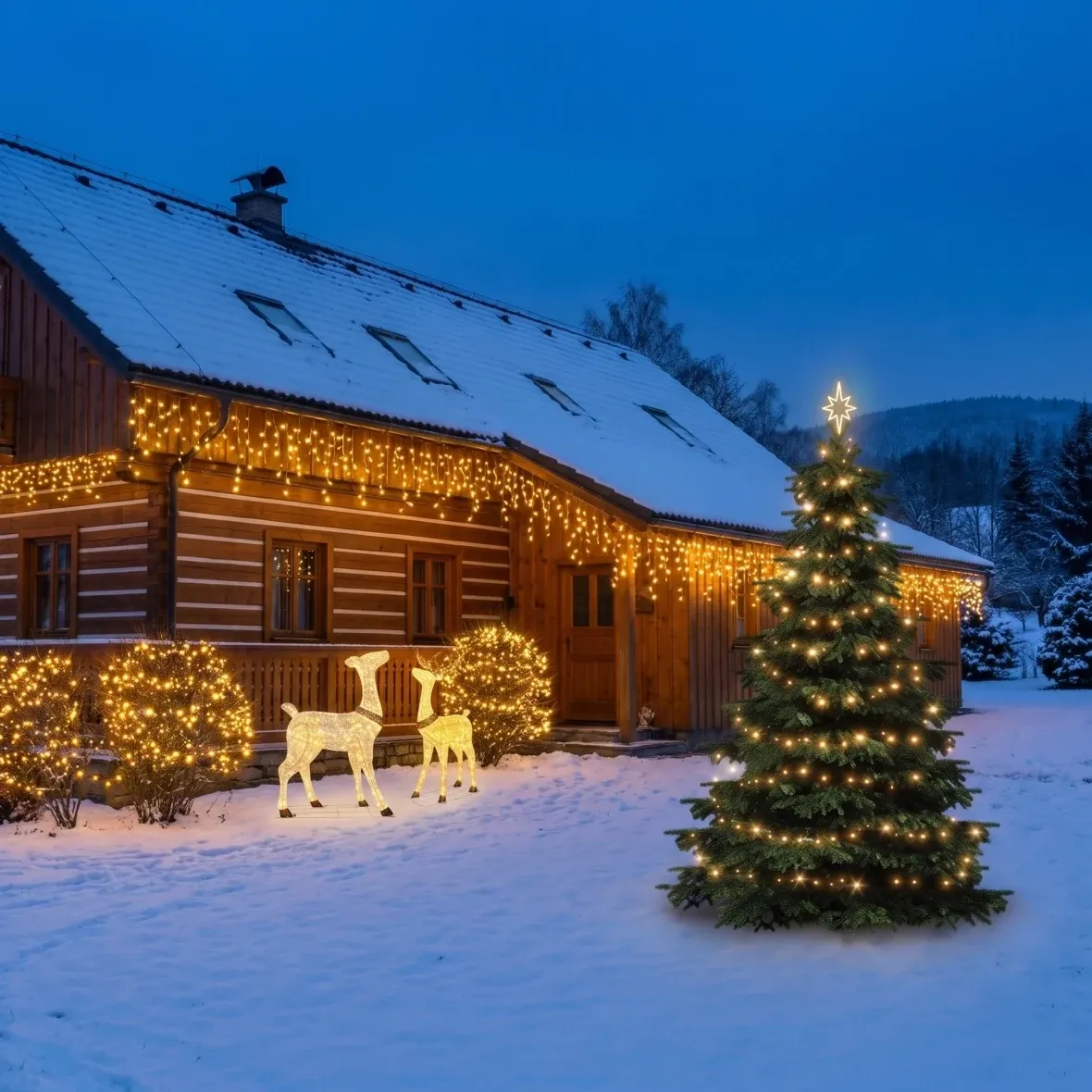 Kit de Noël pour hôtels : façade, buissons et sapin, sapin de 3 à 5 m, 4 guirlandes de 3 m, 3 guirlandes lumineuses de 20 m, cerf et biche 3D à LED de 150 cm, blanc chaud