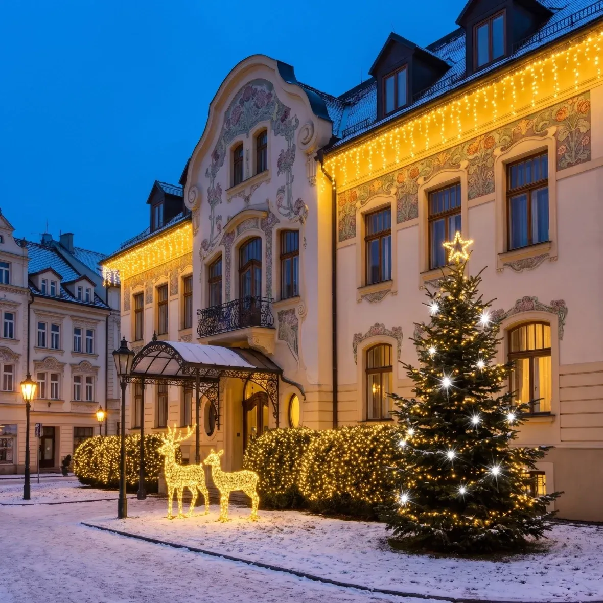 Kit de Noël pour hôtels : façade scintillante avec sapin, sapin de 3 à 5 m avec effet « Flash », cerf et biche en 3D à LED de 150 cm, blanc chaud avec effet « Flash »