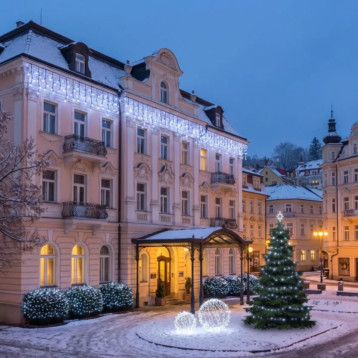 Kit de Noël pour hôtels « Façade glacée avec sapin » : sapin de 3 à 5 m, 6 stalactites de 3 m, 5 guirlandes de 20 m, boule LED 3D de Ø 60 cm, boule LED 3D de Ø 80 cm, blanc glacé