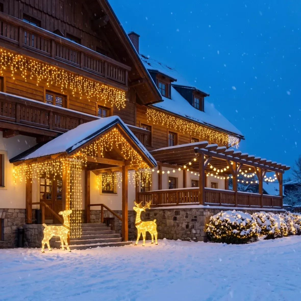 Kit de Noël pour hôtels « Entrée principale » : 4 stalactites de 3 m × 90 cm, 3 guirlandes de 20 m, un cerf et une biche en 3D à LED de 150 cm, blanc chaud