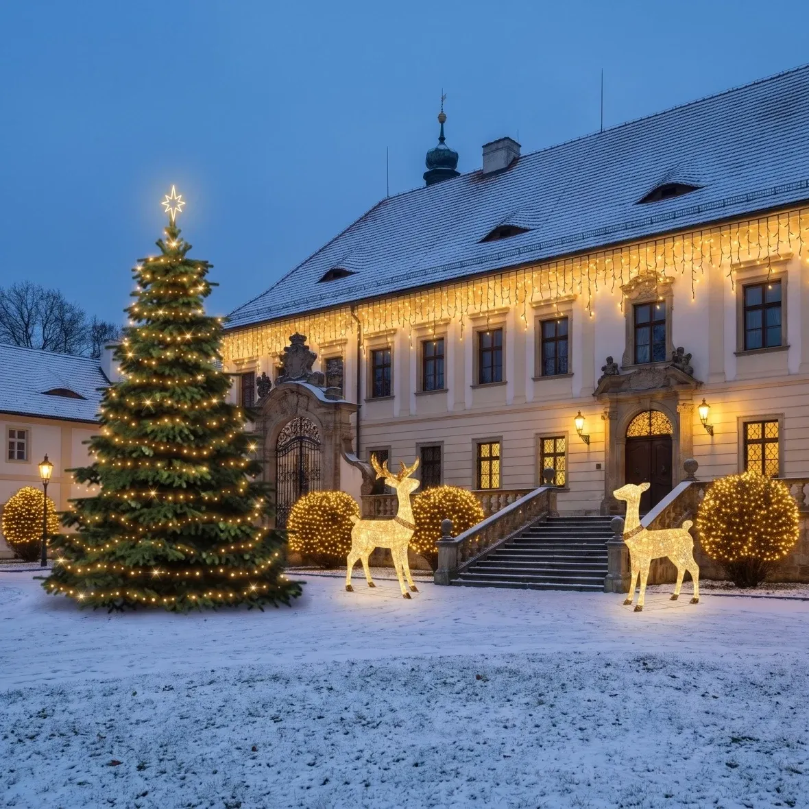 Kit de Noël pour hôtels : grande façade, sapin de 6 à 8 m, 11 guirlandes de 3 m, 4 guirlandes lumineuses de 20 m, cerf et biche 3D à LED de 150 cm, blanc chaud