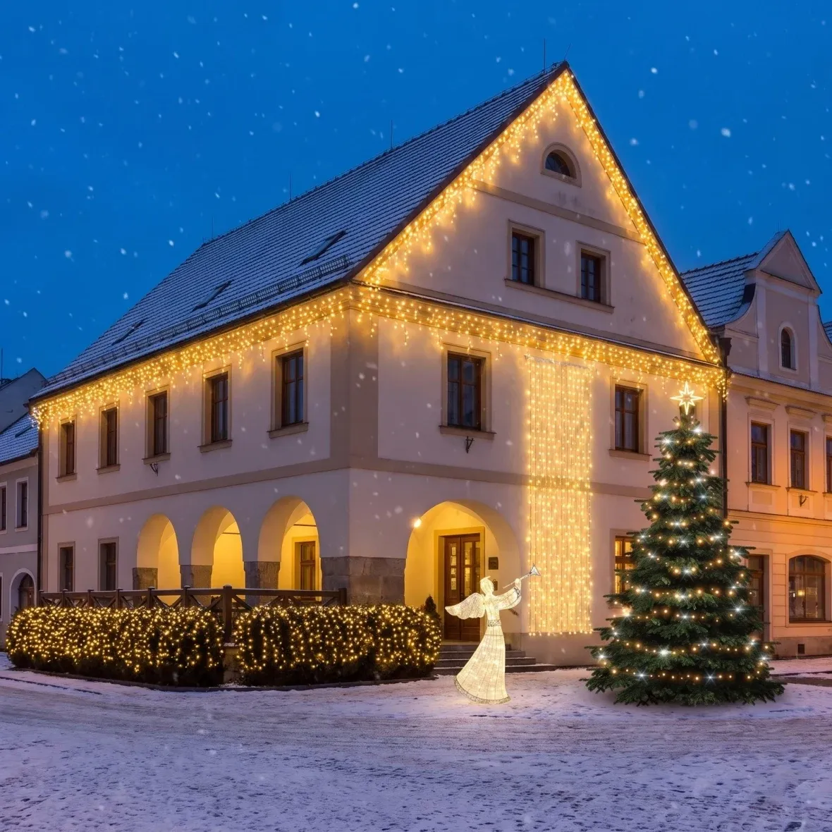Kit de Noël pour hôtels : façade et rideau scintillants, sapin de 3 à 5 m avec effet « Flash », 16 guirlandes de 3 m avec effet « Flash », ange LED 3D de 122 cm, blanc chaud avec effet « Flash »