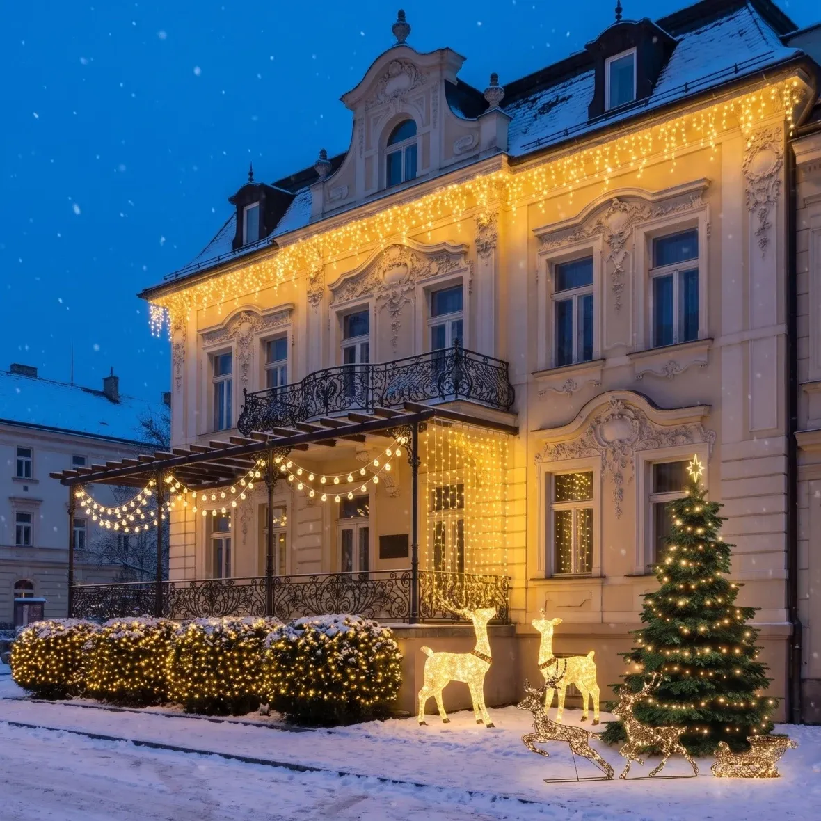 Kit de Noël pour hôtels « Jardin et entrée » : sapin de 3 à 5 m, 5 guirlandes de 3 m, cerf et biche 3D à LED de 150 cm, cerfs 3D à LED avec traîneau de 180 cm, blanc chaud