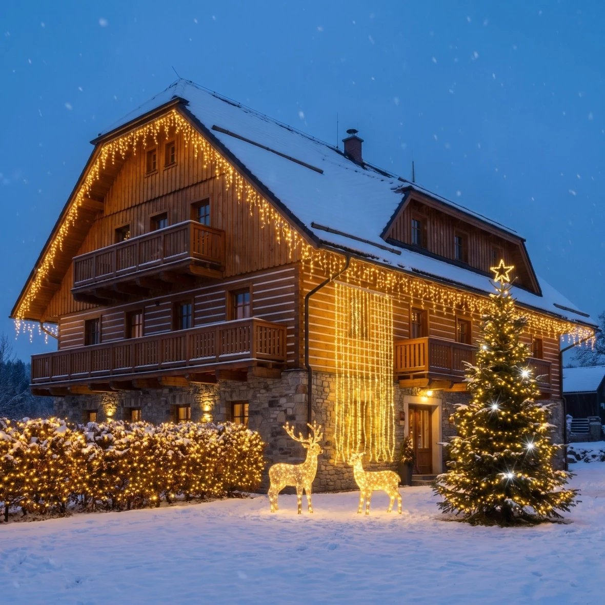 Kit de Noël pour hôtels Resort Flash, sapin de 6 à 8 m Flash, 12 guirlandes de 3 m Flash, cerf et biche 3D à LED de 150 cm, blanc chaud avec Flash