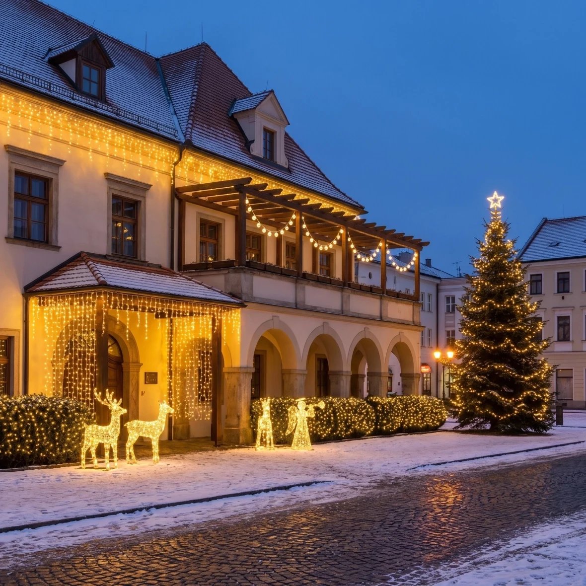 Kit de Noël pour hôtels « Grande entrée et jardin » : sapin de 6 à 8 m, cerf et biche 3D à LED de 150 cm, ange 3D à LED de 122 cm, blanc chaud