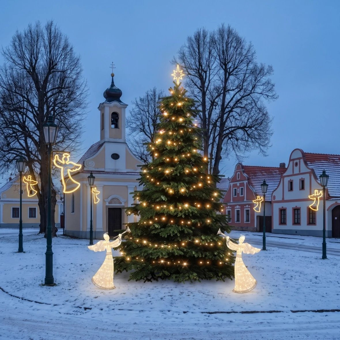 Kit de Noël pour les communes : ange, sapin de 3 à 5 m, 6 anges pour l'éclairage public, 2 anges LED 3D de 122 cm, blanc chaud