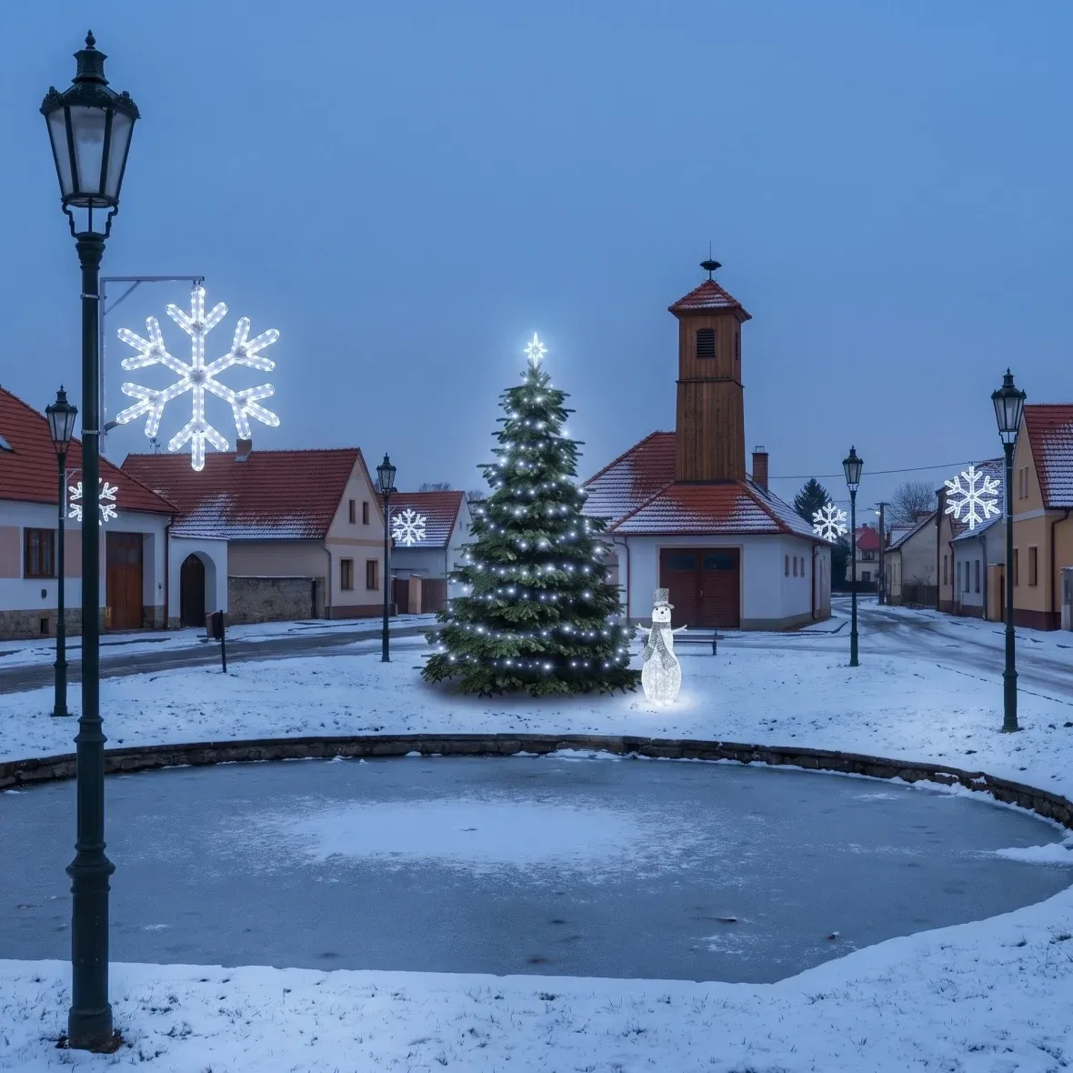 Kit de Noël pour les communes « Flocon de glace V », sapin de 3 à 5 m, 8 flocons « V » pour l'éclairage public, bonhomme de neige LED 3D de 107 cm, blanc glacé