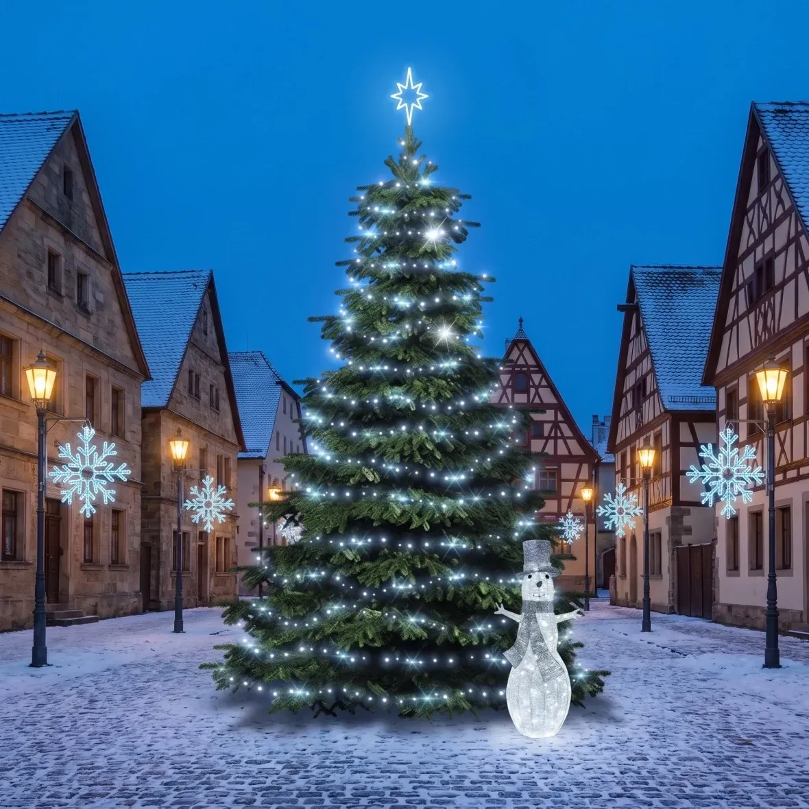 Kit de Noël pour les communes : flocon de neige X, sapin Flash de 6 à 8 m, 8 flocons de neige X pour l'éclairage public, bonhomme de neige LED 3D de 107 cm, blanc glacé