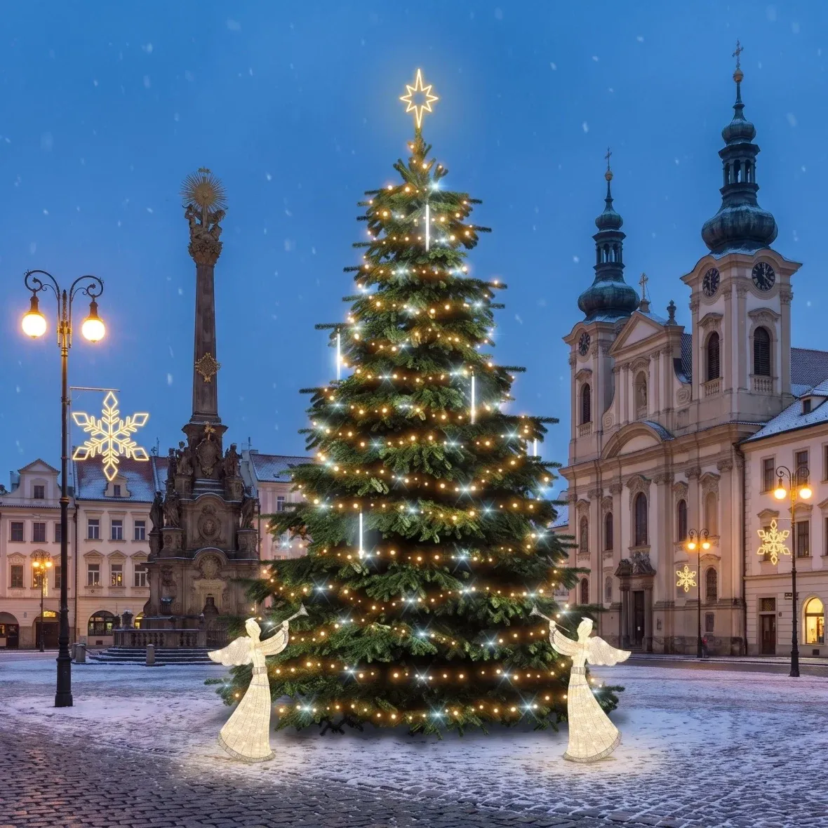 Kit de Noël pour les communes : flocon de neige XI doré, sapin de 6 à 8 m « Flash » avec effet de neige tombante, 8 flocons de neige XI pour l'éclairage public, 2 anges LED 3D de 122 cm, blanc chaud