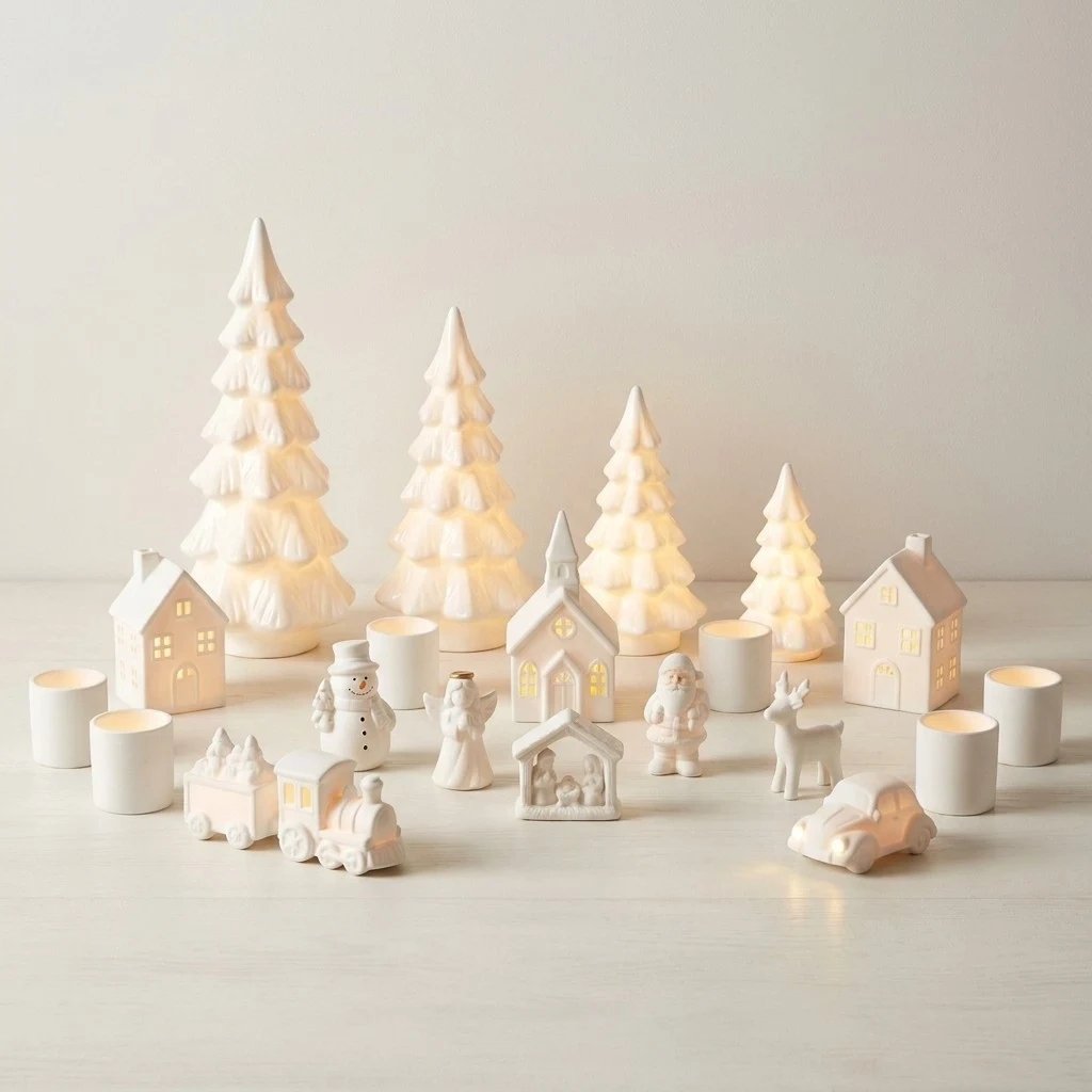 Coffret de Noël : petit village en céramique illuminé, maisonnettes en céramique, sapins et bougeoirs