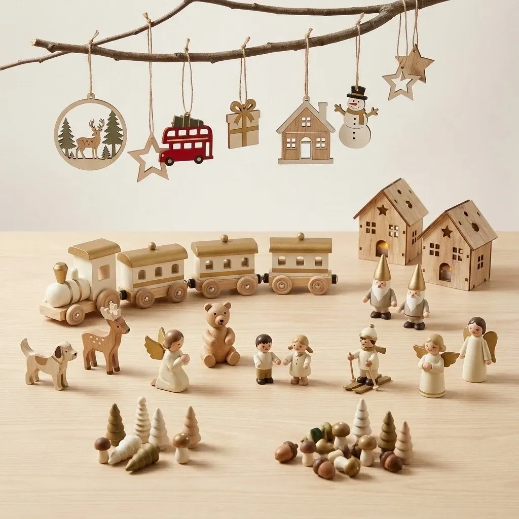 Coffret de Noël « Noël en bois » pour enfants, figurines et décorations en bois