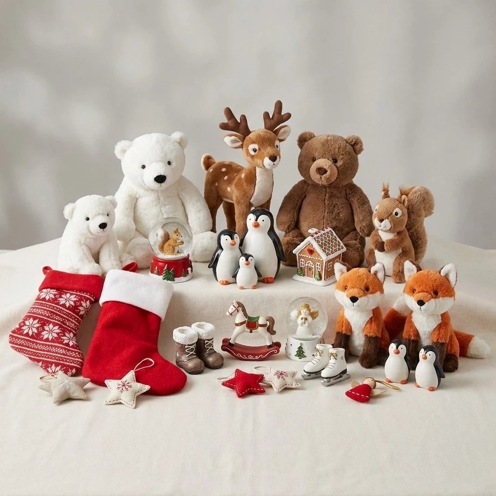 Coffret de Noël « Petite famille d'hiver » : peluches, boules à neige et décorations