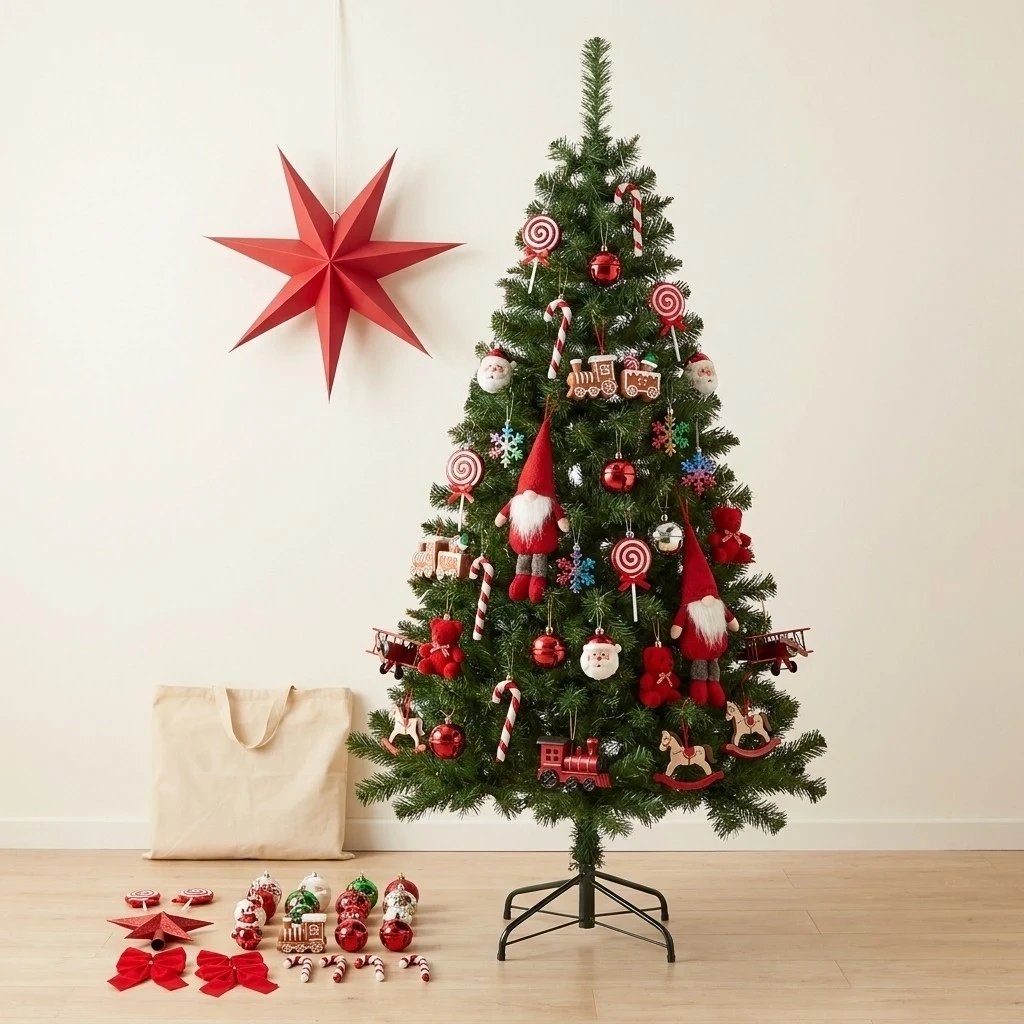 Coffret de Noël « Petit sapin » : sapin artificiel de 180 cm avec des pains d'épices, des sucettes et un sac